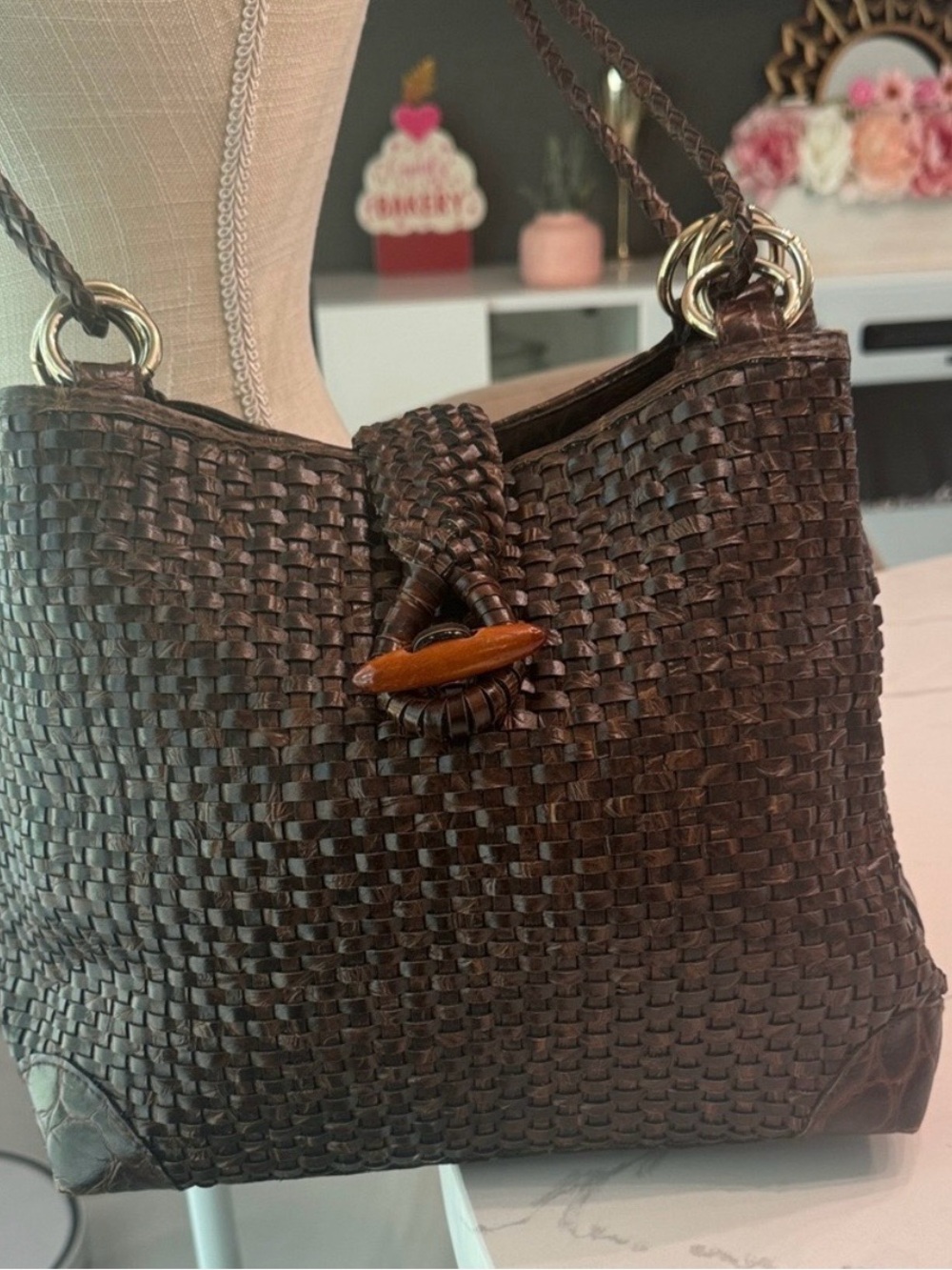 Vintage all leather Woven Toggle-Front Brown  Crossbody Bag